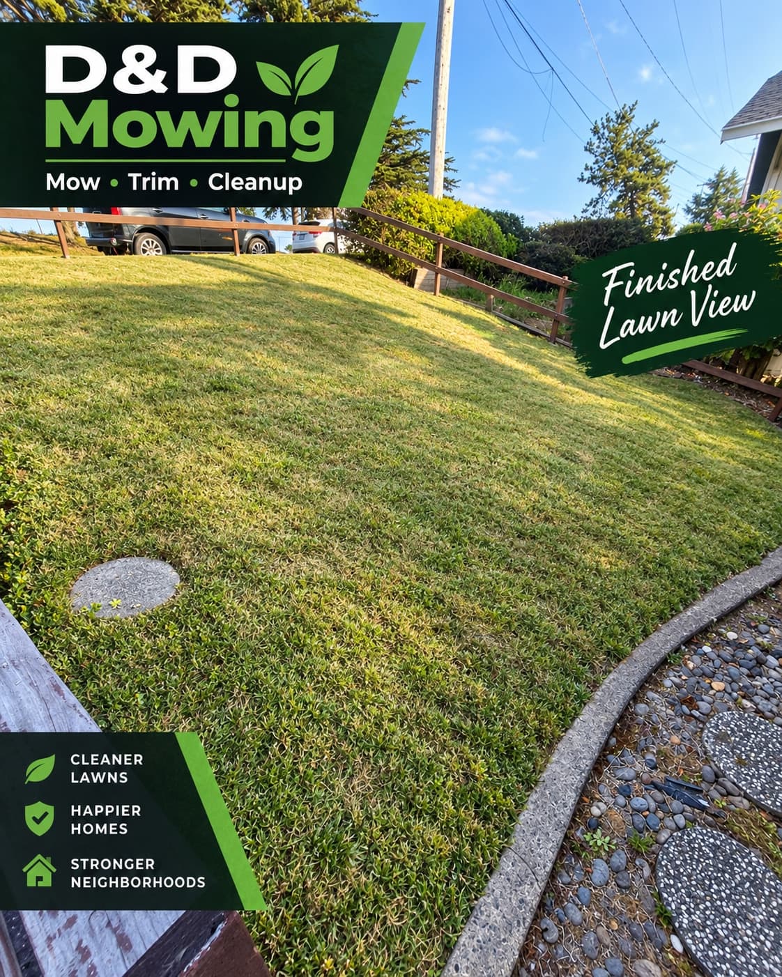 Finished residential lawn maintained by D & D Mowing